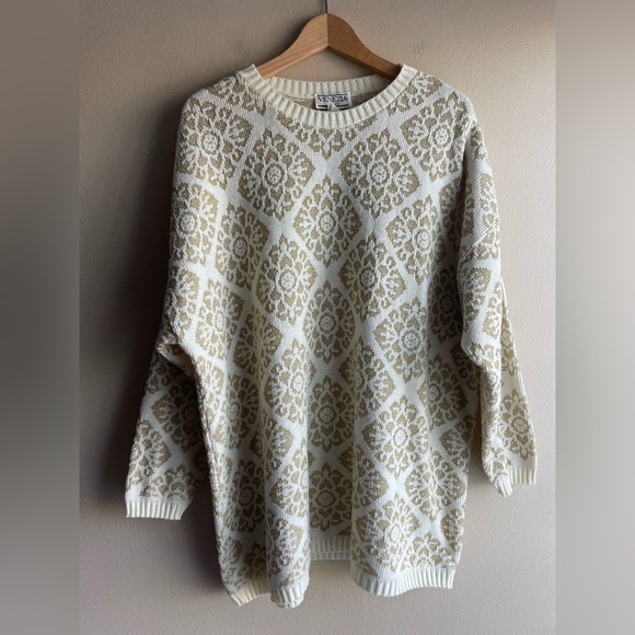 Venezia Sweaters - Venezia Women Crew Ivory Gold Shimmer Design Oversized Sweater Size 1X